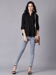 Daima Women Black Casual Printed Mandarin Collar Top