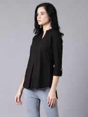 Daima Women Black Casual Printed Mandarin Collar Top