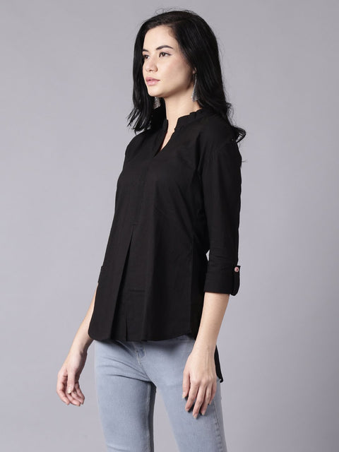 Daima Women Black Casual Printed Mandarin Collar Top