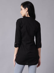 Daima Women Black Casual Printed Mandarin Collar Top