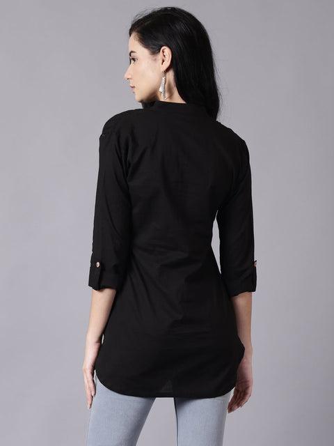 Daima Women Black Casual Printed Mandarin Collar Top