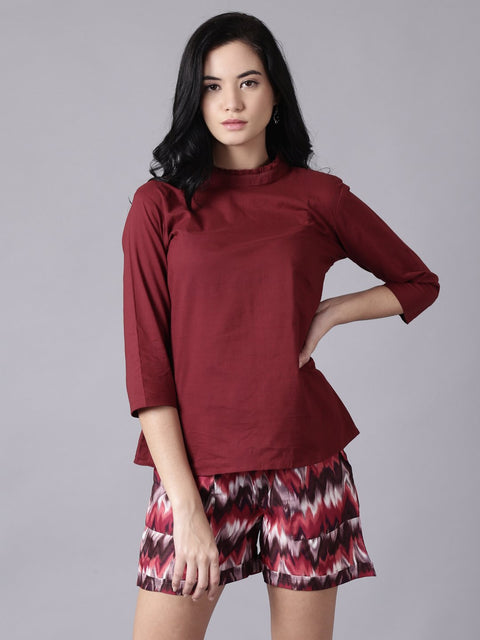 Daima Women maroon Casual Printed High Neck Top