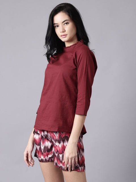 Daima Women maroon Casual Printed High Neck Top