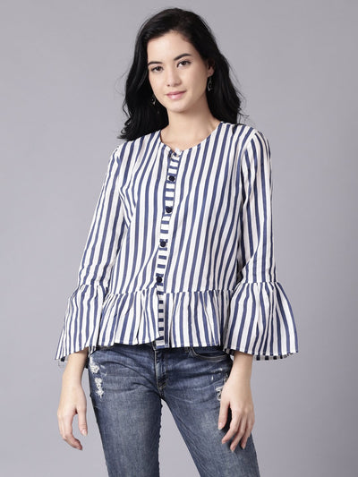 Daima Women White Casual Striped Round Neck Top
