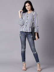 Daima Women White Casual Striped Round Neck Top