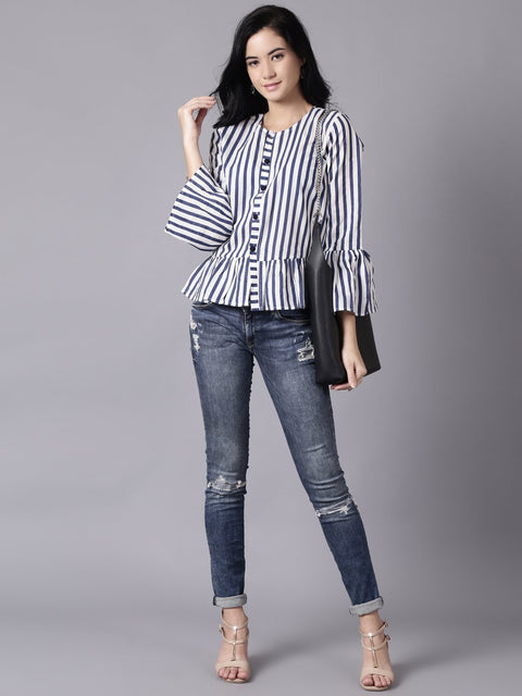 Daima Women White Casual Striped Round Neck Top