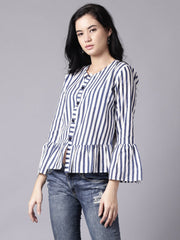 Daima Women White Casual Striped Round Neck Top