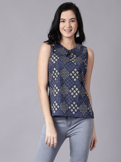 Daima Women Navy Blue Casual Printed Peter Pan Collar Top