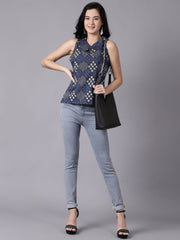 Daima Women Navy Blue Casual Printed Peter Pan Collar Top