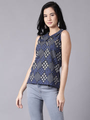 Daima Women Navy Blue Casual Printed Peter Pan Collar Top