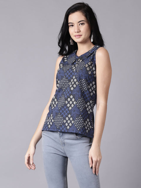 Daima Women Navy Blue Casual Printed Peter Pan Collar Top