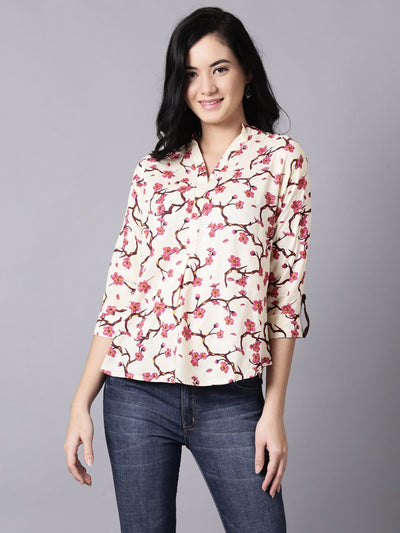 Daima Women Cream Casual Printed Mandarin Collar Top