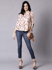 Daima Women Cream Casual Printed Mandarin Collar Top