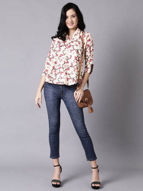 Daima Women Cream Casual Printed Mandarin Collar Top