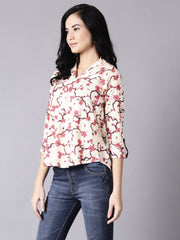 Daima Women Cream Casual Printed Mandarin Collar Top