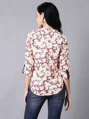 Daima Women Cream Casual Printed Mandarin Collar Top