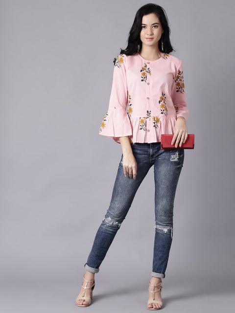 Daima Women Baby Pink Casual Printed Round Neck Top
