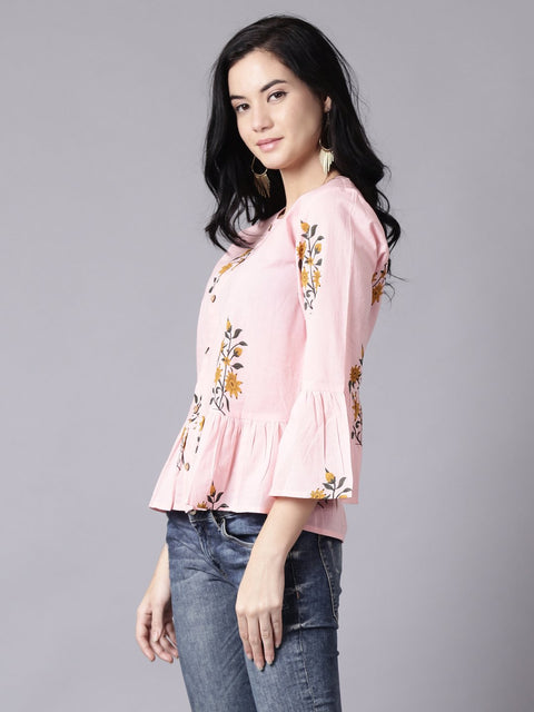Daima Women Baby Pink Casual Printed Round Neck Top
