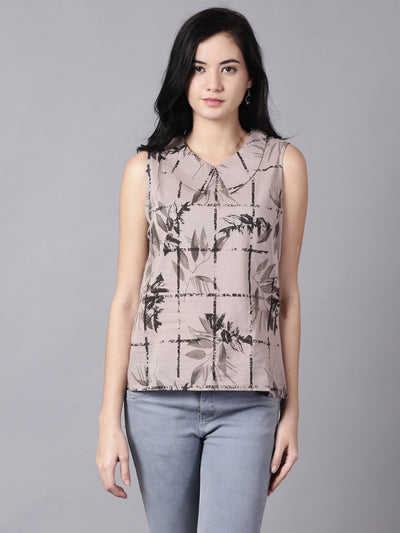 Daima Women Grey Casual Printed Peter Pan Collar Top