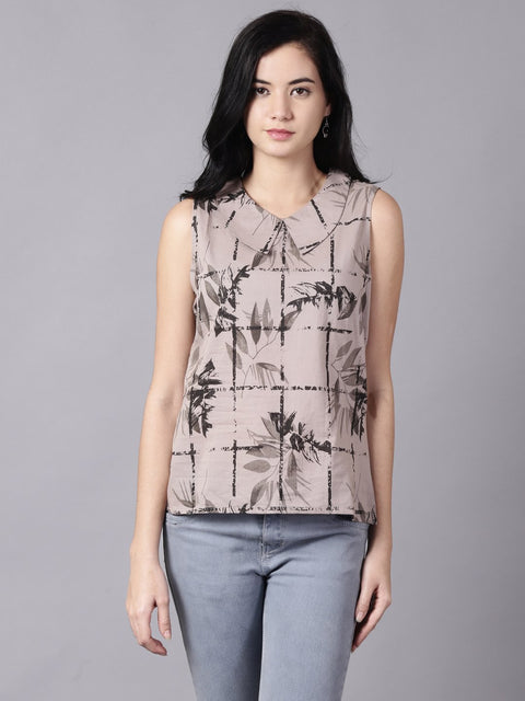 Daima Women Grey Casual Printed Peter Pan Collar Top