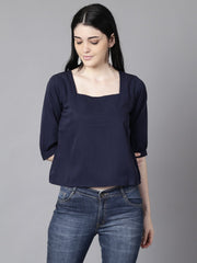 Daima Women Navy Blue Casual Solid Square Neck Top