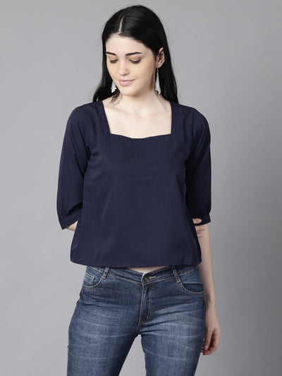 Daima Women Navy Blue Casual Solid Square Neck Top