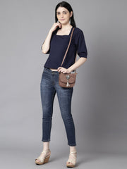Daima Women Navy Blue Casual Solid Square Neck Top