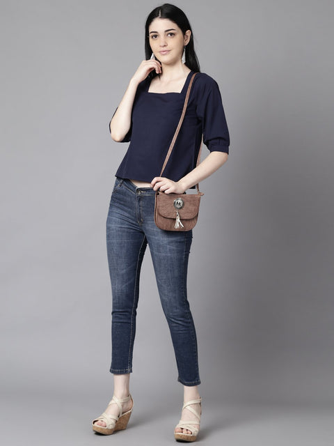 Daima Women Navy Blue Casual Solid Square Neck Top