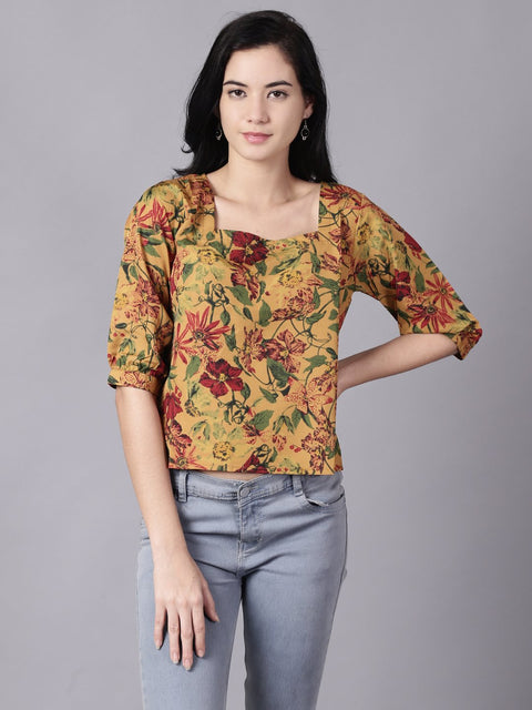 Daima Women Mustard yellow Casual Printed Square Neck Top