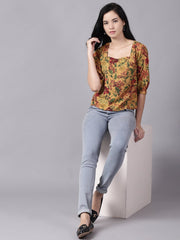 Daima Women Mustard yellow Casual Printed Square Neck Top
