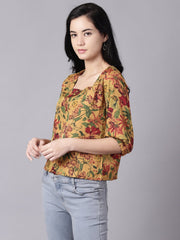 Daima Women Mustard yellow Casual Printed Square Neck Top