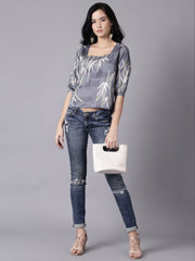 Daima Women Grey Casual Printed Square Neck Top