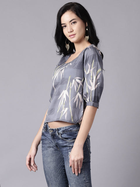 Daima Women Grey Casual Printed Square Neck Top