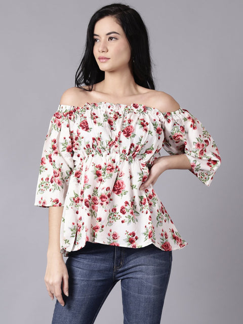Daima Women Cream Casual Printed Off-Shoulder Top