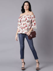 Daima Women Cream Casual Printed Off-Shoulder Top