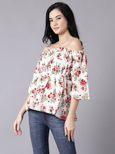 Daima Women Cream Casual Printed Off-Shoulder Top