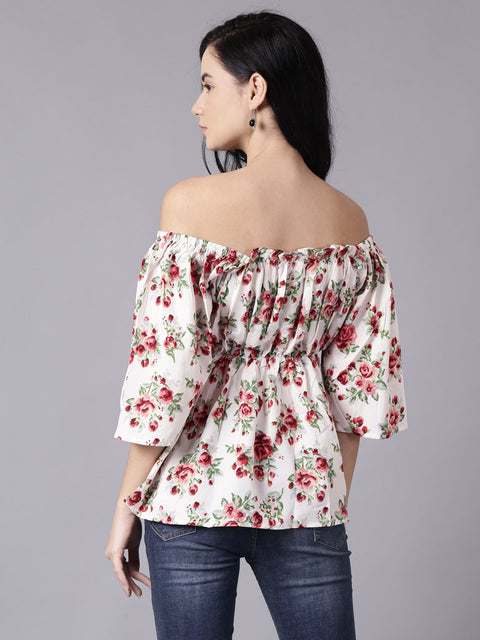 Daima Women Cream Casual Printed Off-Shoulder Top