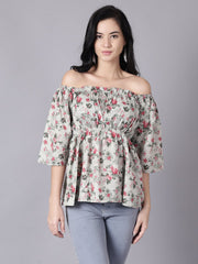 Daima Women Green Casual Printed Off-Shoulder Top