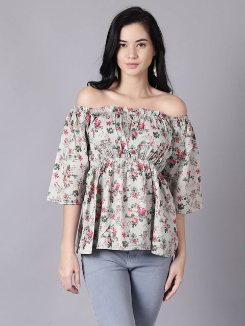 Daima Women Green Casual Printed Off-Shoulder Top