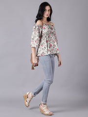 Daima Women Green Casual Printed Off-Shoulder Top