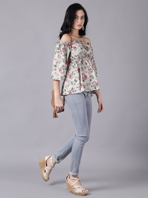 Daima Women Green Casual Printed Off-Shoulder Top