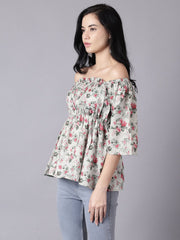 Daima Women Green Casual Printed Off-Shoulder Top