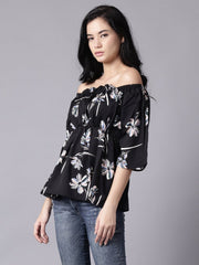 Women Black Floral Printed Top With Three Quater Sleeves