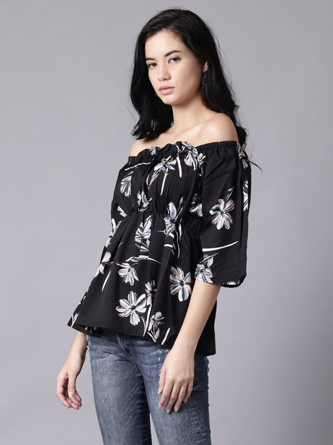 Women Black Floral Printed Top With Three Quater Sleeves