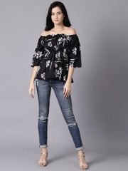 Women Black Floral Printed Top With Three Quater Sleeves