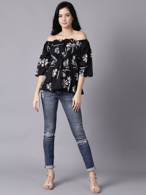 Women Black Floral Printed Top With Three Quater Sleeves