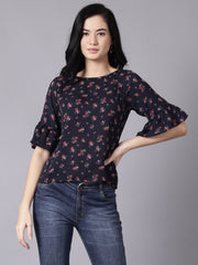 Daima Women Navy Blue Casual Printed Round Neck Top