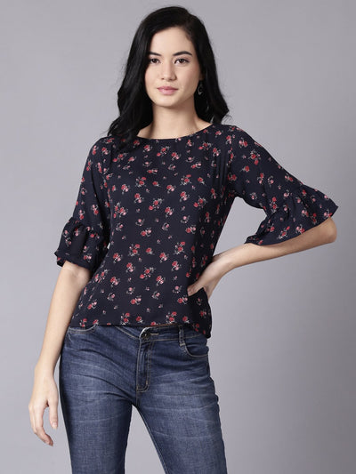 Daima Women Navy Blue Casual Printed Round Neck Top