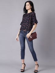 Daima Women Navy Blue Casual Printed Round Neck Top