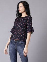 Daima Women Navy Blue Casual Printed Round Neck Top
